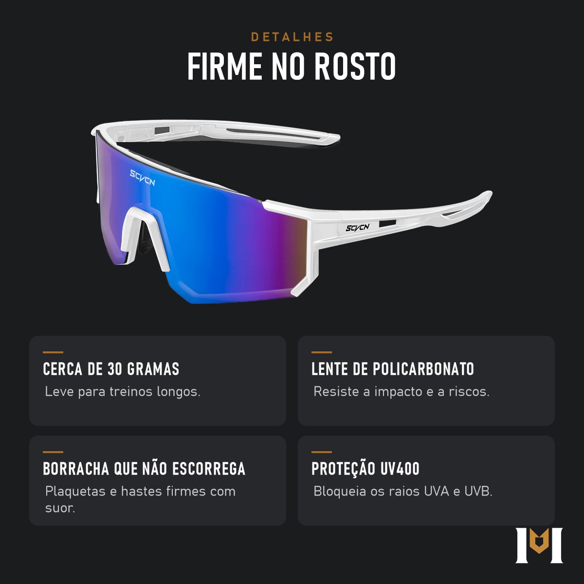 Detalhes do Brisa: 30 gramas, lente de policarbonato, borracha antiderrapante e UV400