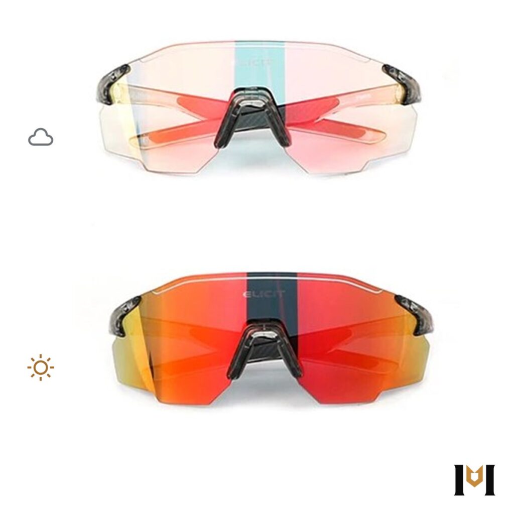 Óculos de sol esportivo Camaleão fotocromático, cinza e vermelho, na sombra e no sol