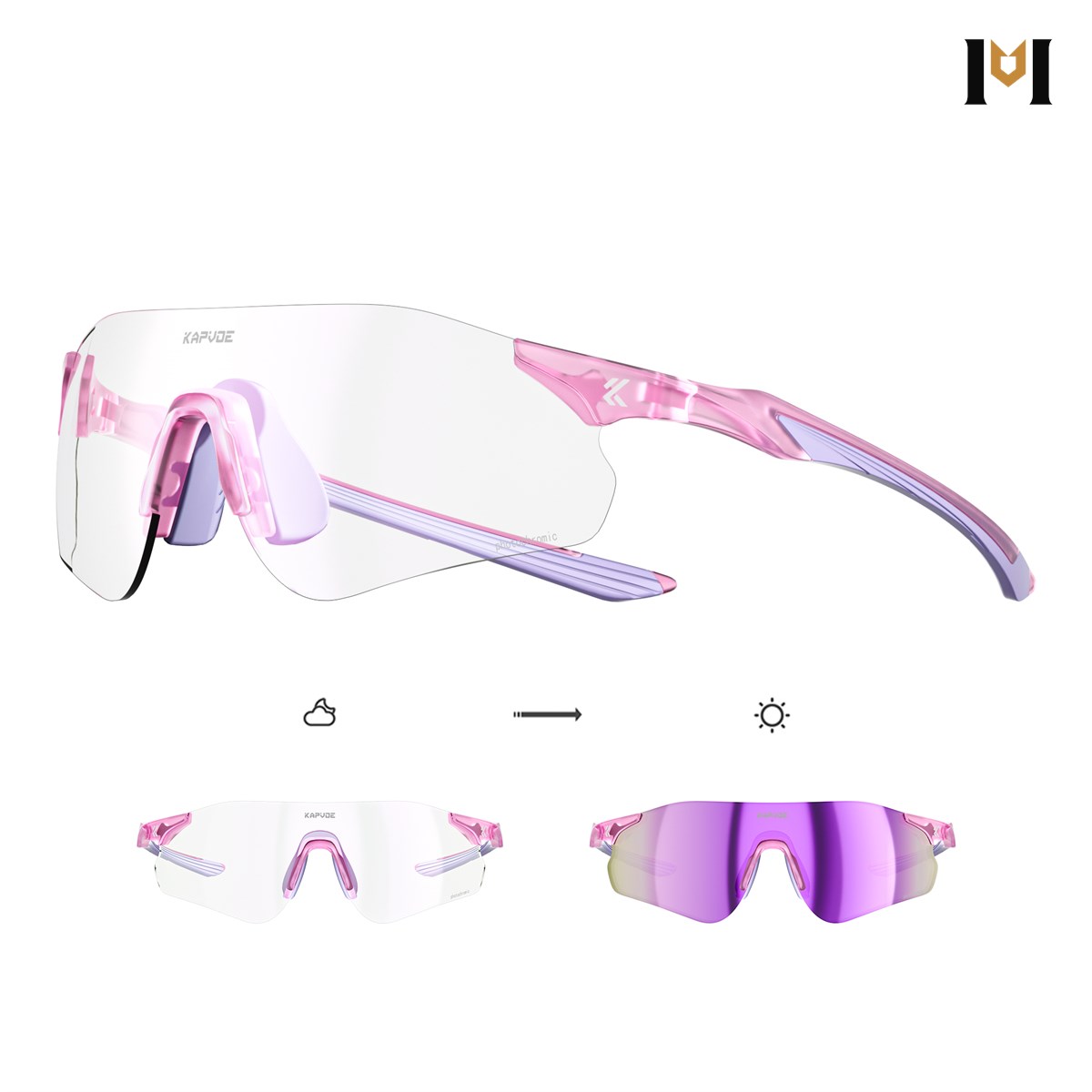 Óculos de sol esportivo Cristal fotocromático, armação rosa e lente que escurece para o lilás Óculos de sol esportivo Cristal fotocromático, armação rosa e lente que escurece para o lilás