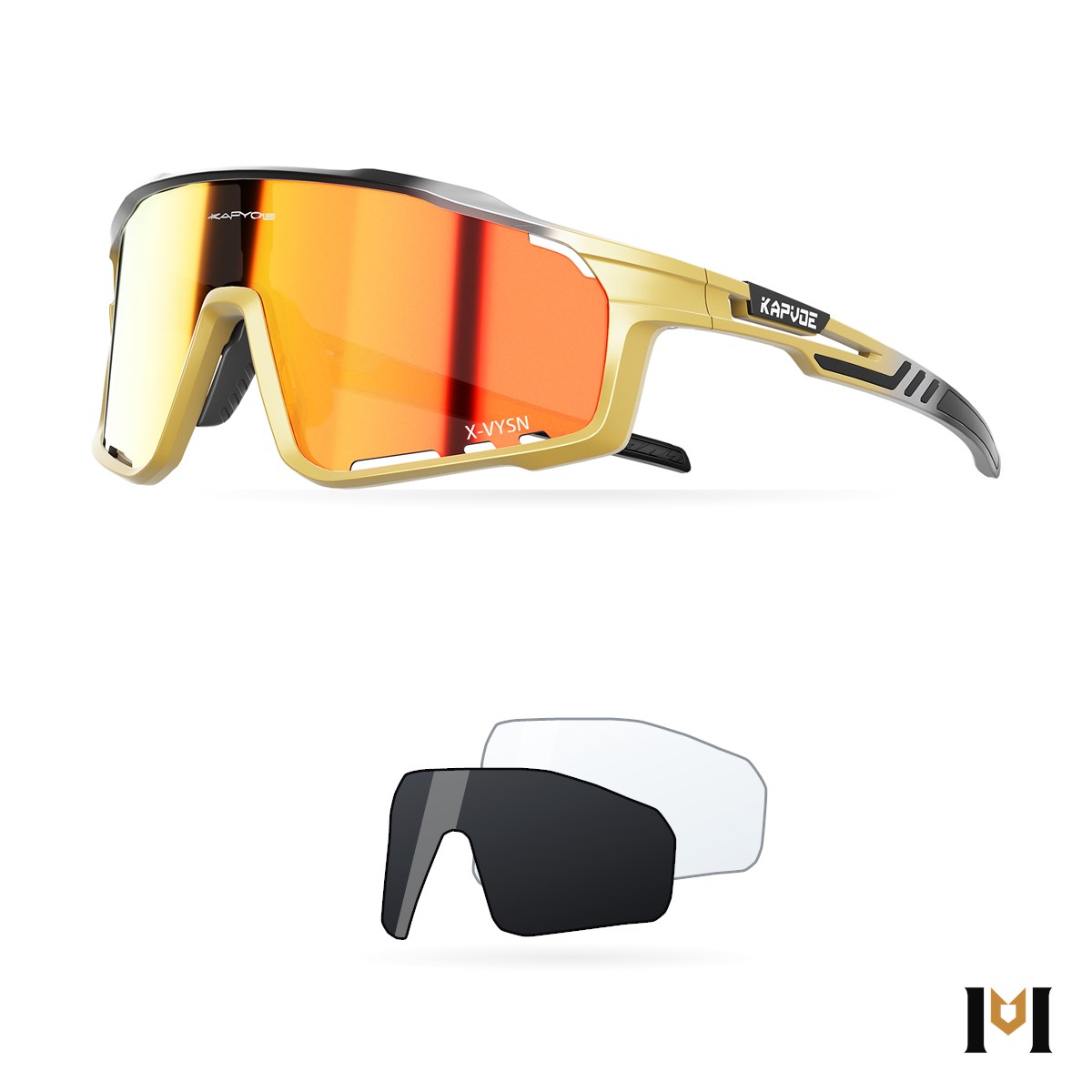 Óculos de sol esportivo Escudo kit 3 lentes, armação champanhe e lente espelhada laranja Óculos de sol esportivo Escudo kit 3 lentes, armação champanhe e lente espelhada laranja