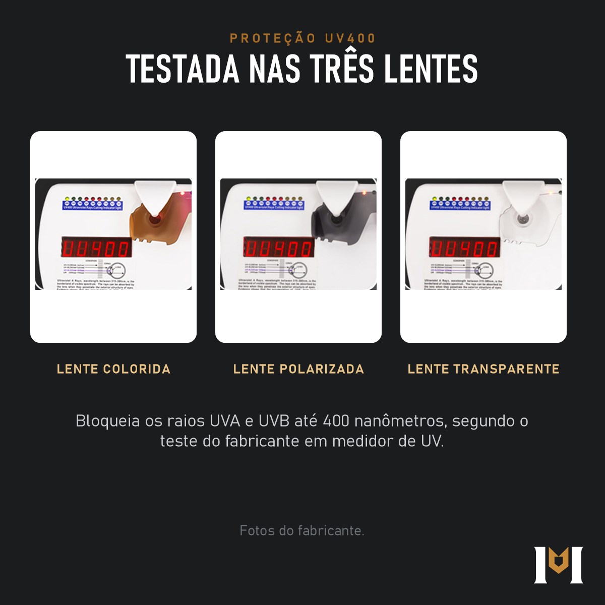 Teste de proteção UV400 nas três lentes do Escudo