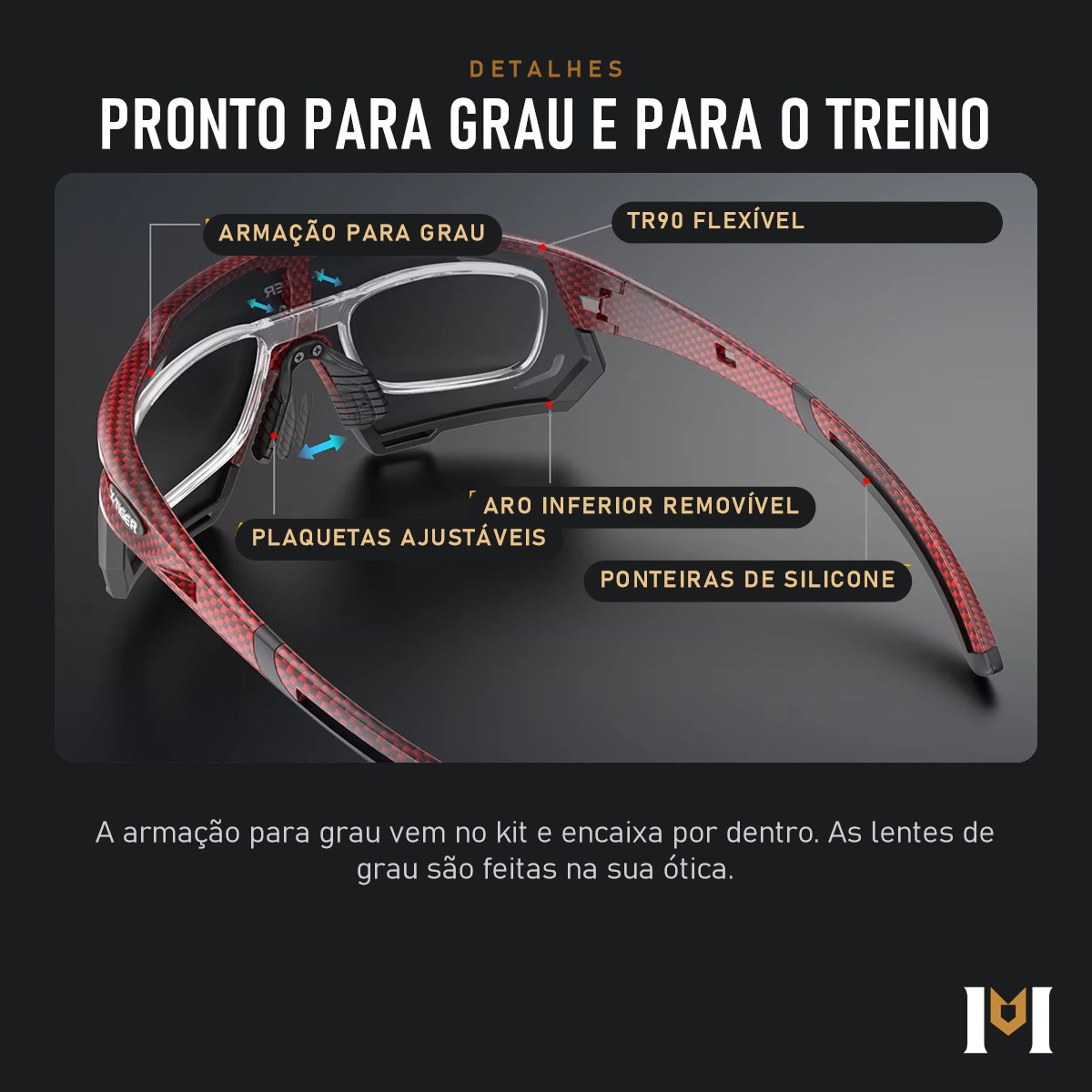 Detalhes do Expedição: armação para grau, TR90, aro removível, plaquetas e ponteiras de silicone