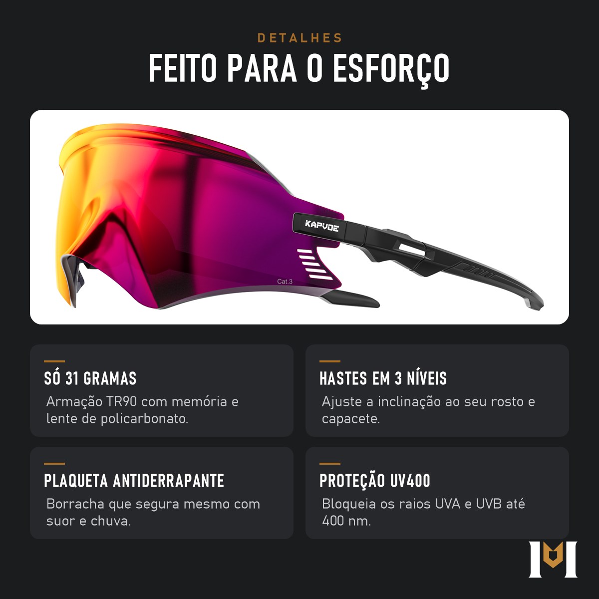 Detalhes do Falcão: 31 gramas, hastes em 3 níveis, plaqueta antiderrapante e UV400