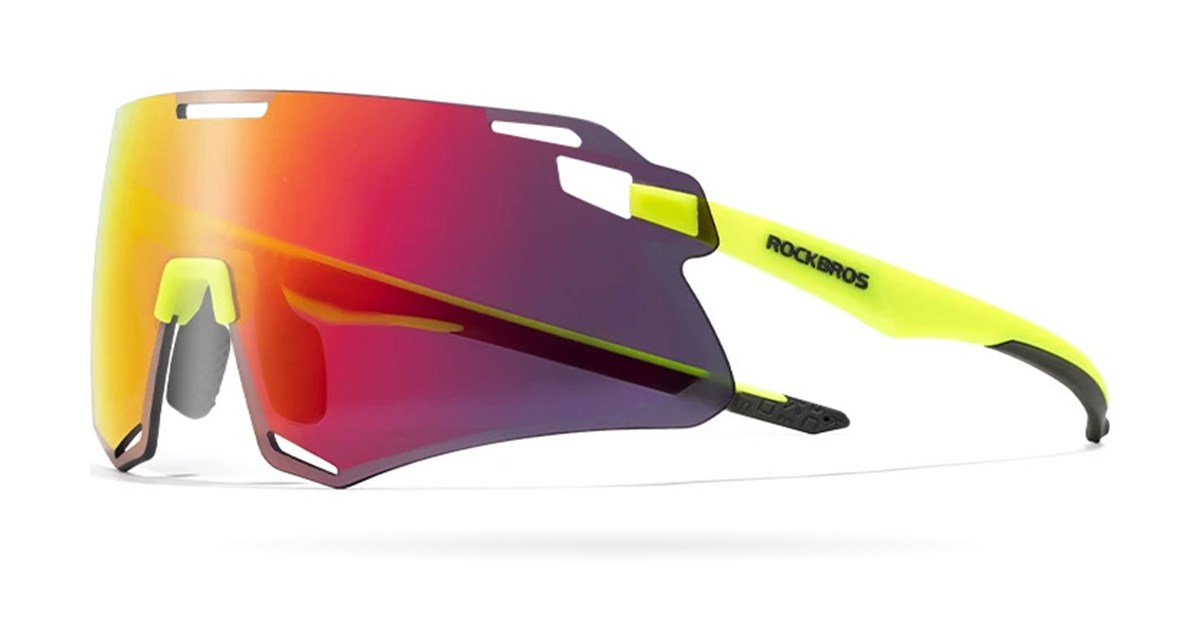 Óculos esportivo Horizonte HD com lente espelhada vermelha e hastes neon