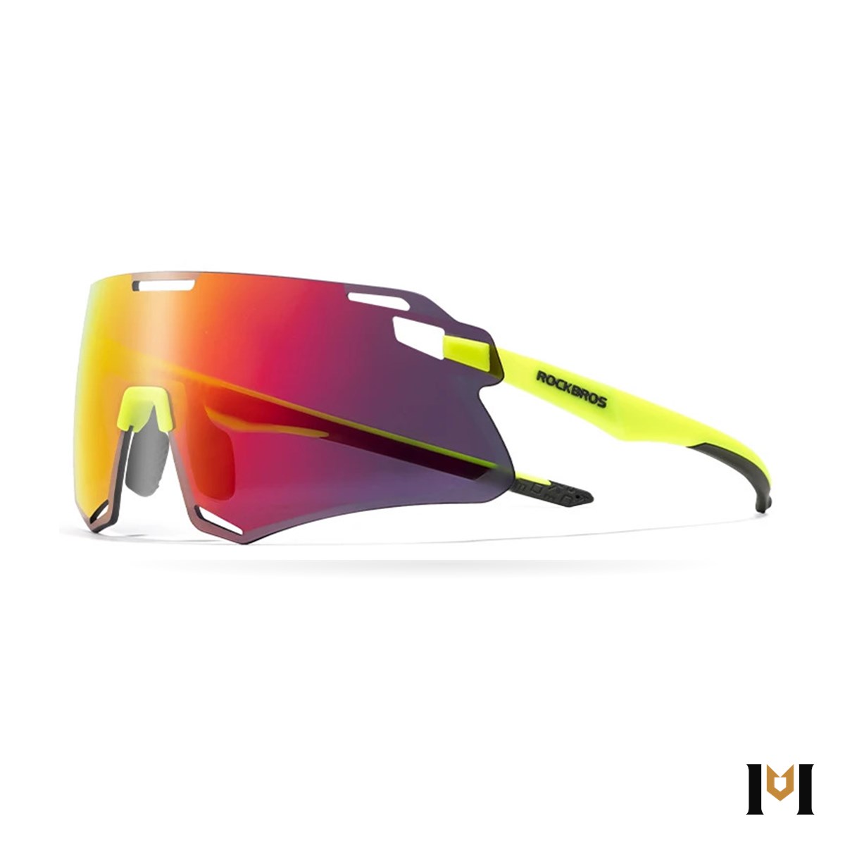 Óculos de sol esportivo Horizonte HD, lente espelhada vermelha e hastes neon Óculos de sol esportivo Horizonte HD, lente espelhada vermelha e hastes neon
