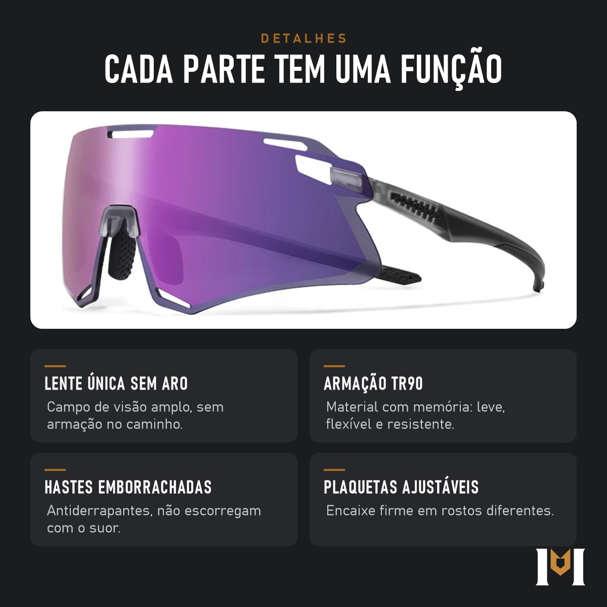 Detalhes do Horizonte HD: lente sem aro, armação TR90, hastes emborrachadas e plaquetas ajustáveis