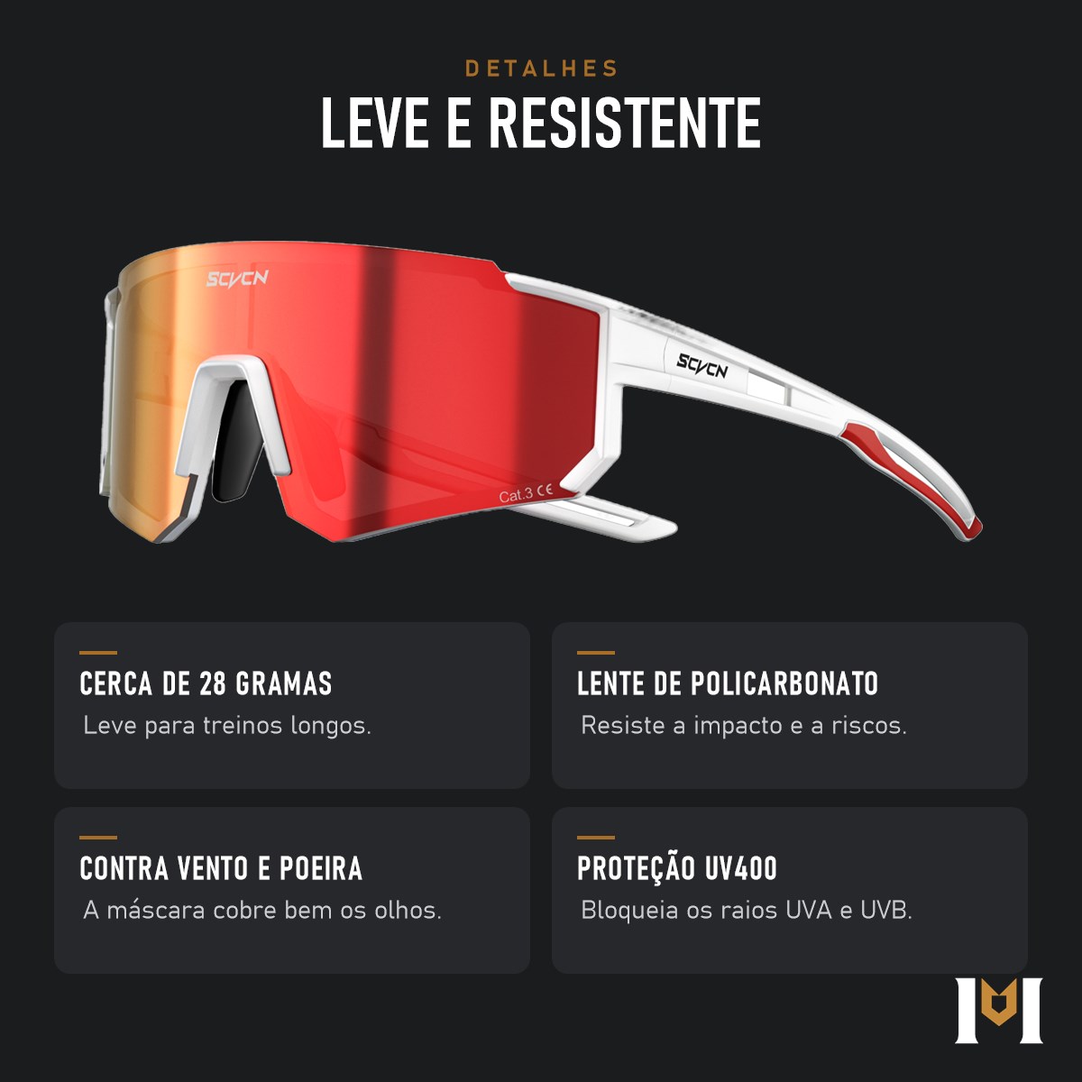 Detalhes do Vento: 28 gramas, lente de policarbonato, proteção contra vento e poeira e UV400